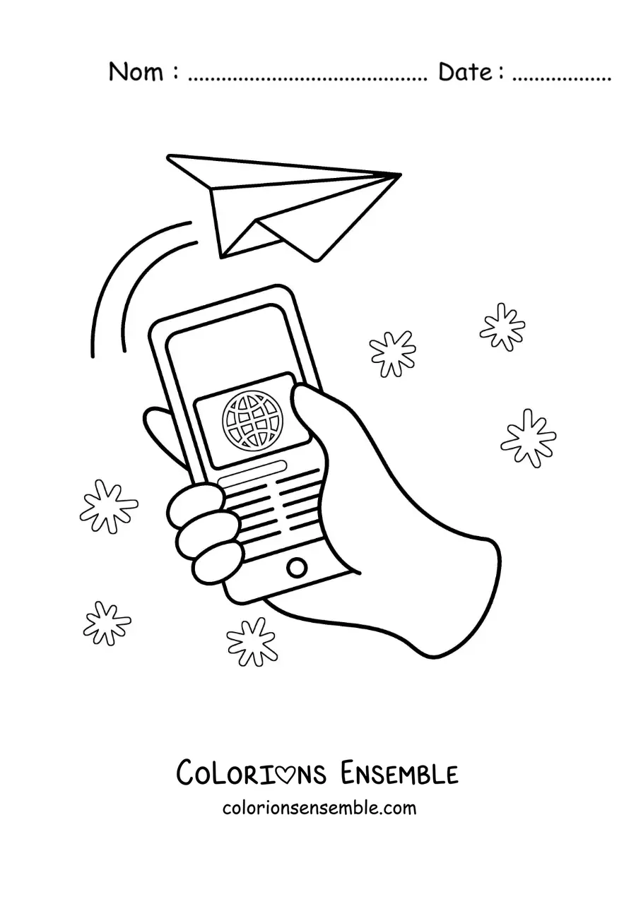 Coloriage d'un téléphone qui envoie un message via les réseaux sociaux