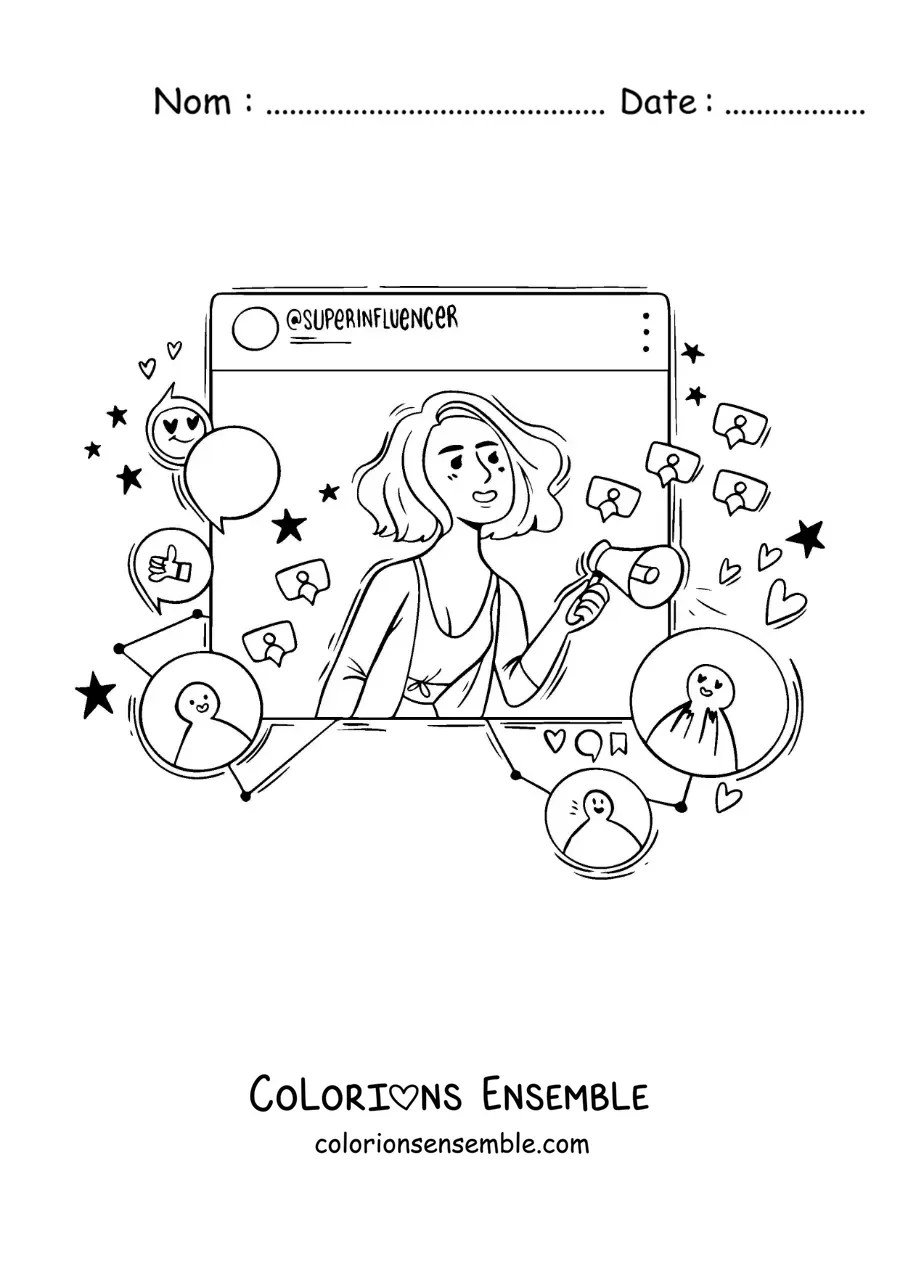 Coloriage d'une influenceuse animée sur un réseau social