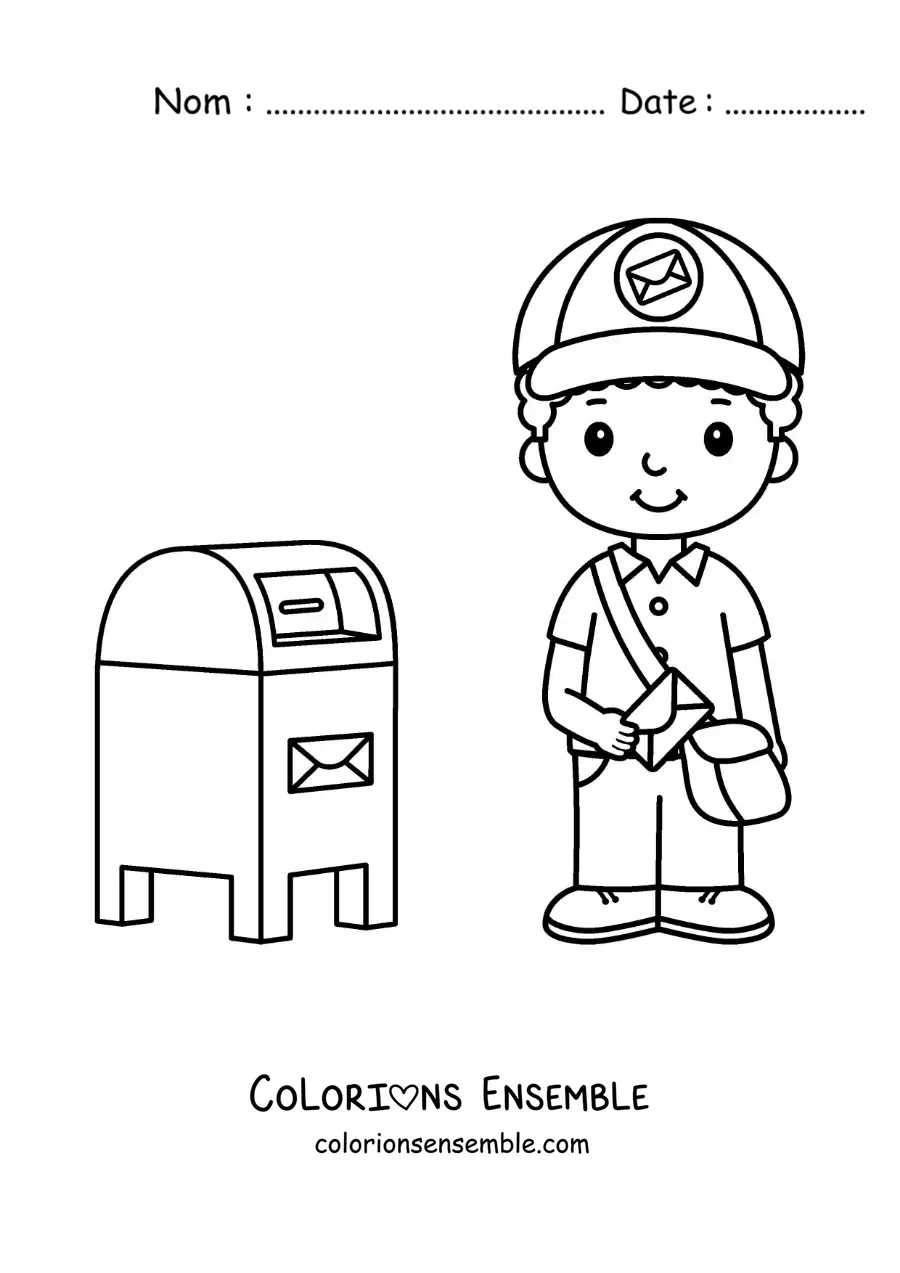Coloriage d'un facteur animé à côté de la boîte aux lettres
