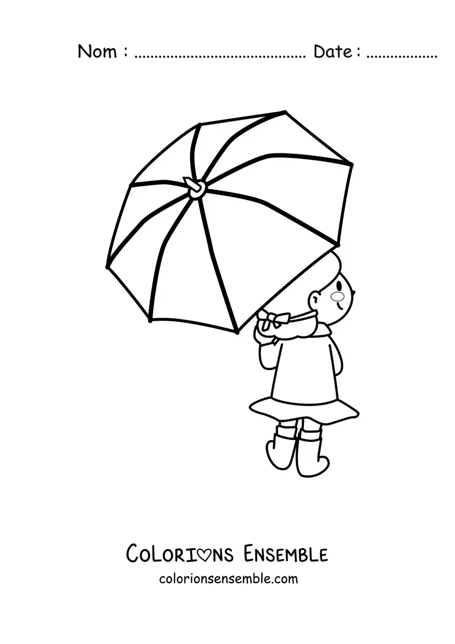 Image à colorier d'une petite fille kawaii de dos tenant une ombrelle