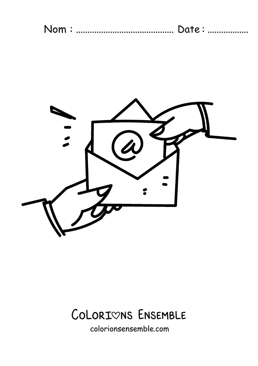 Coloriage de deux mains qui ouvrent une lettre marquée du symbole arobase