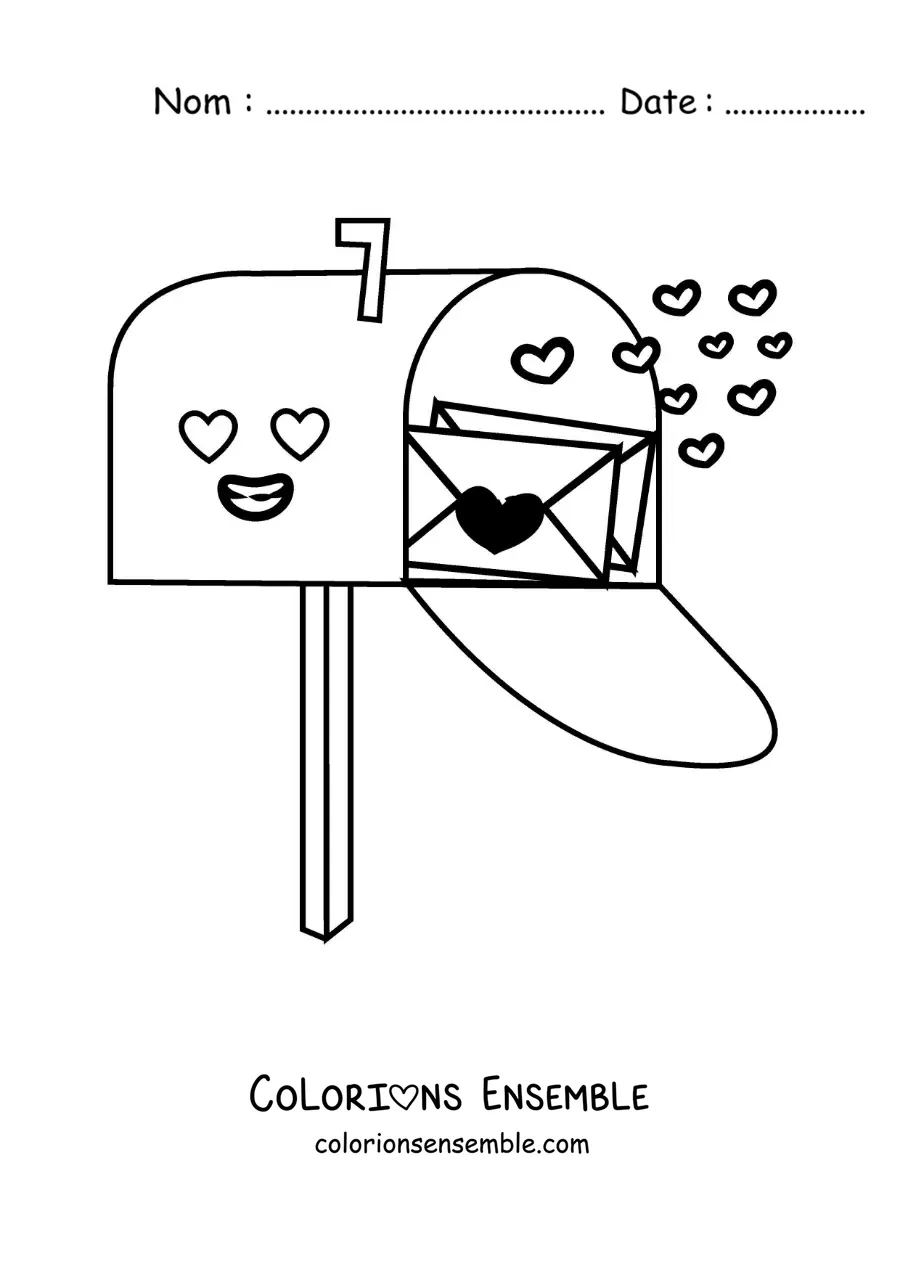 Coloriage d'une boîte aux lettres remplie de lettres d'amour