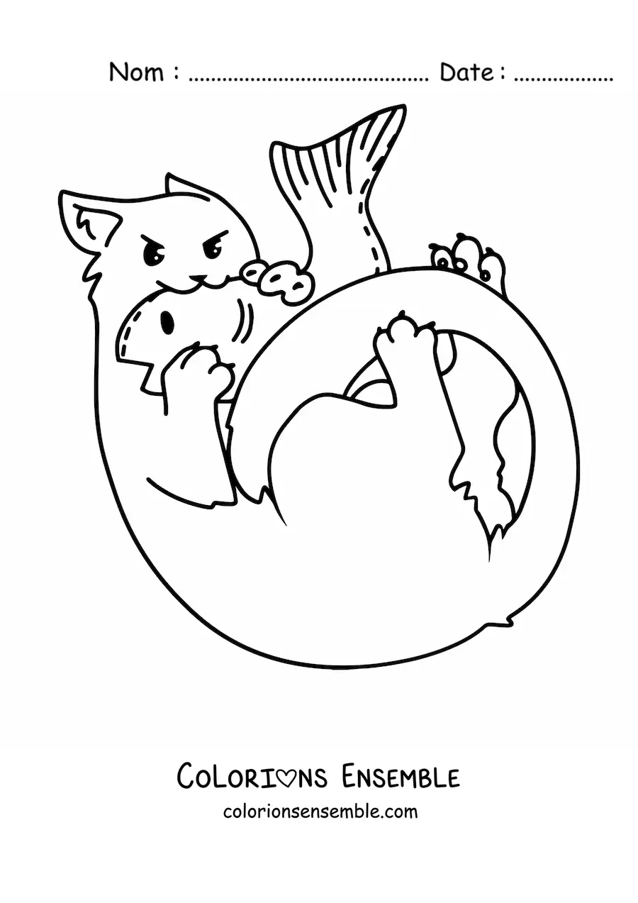 Image à colorier d’un chat mangeant un poisson