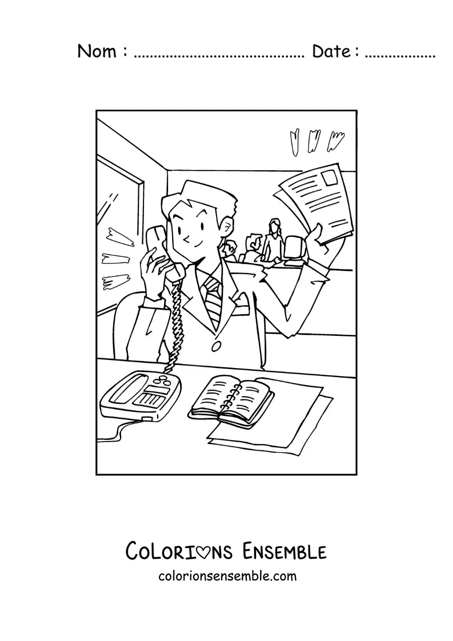 Coloriage d'un homme qui parle au téléphone fixe dans son bureau