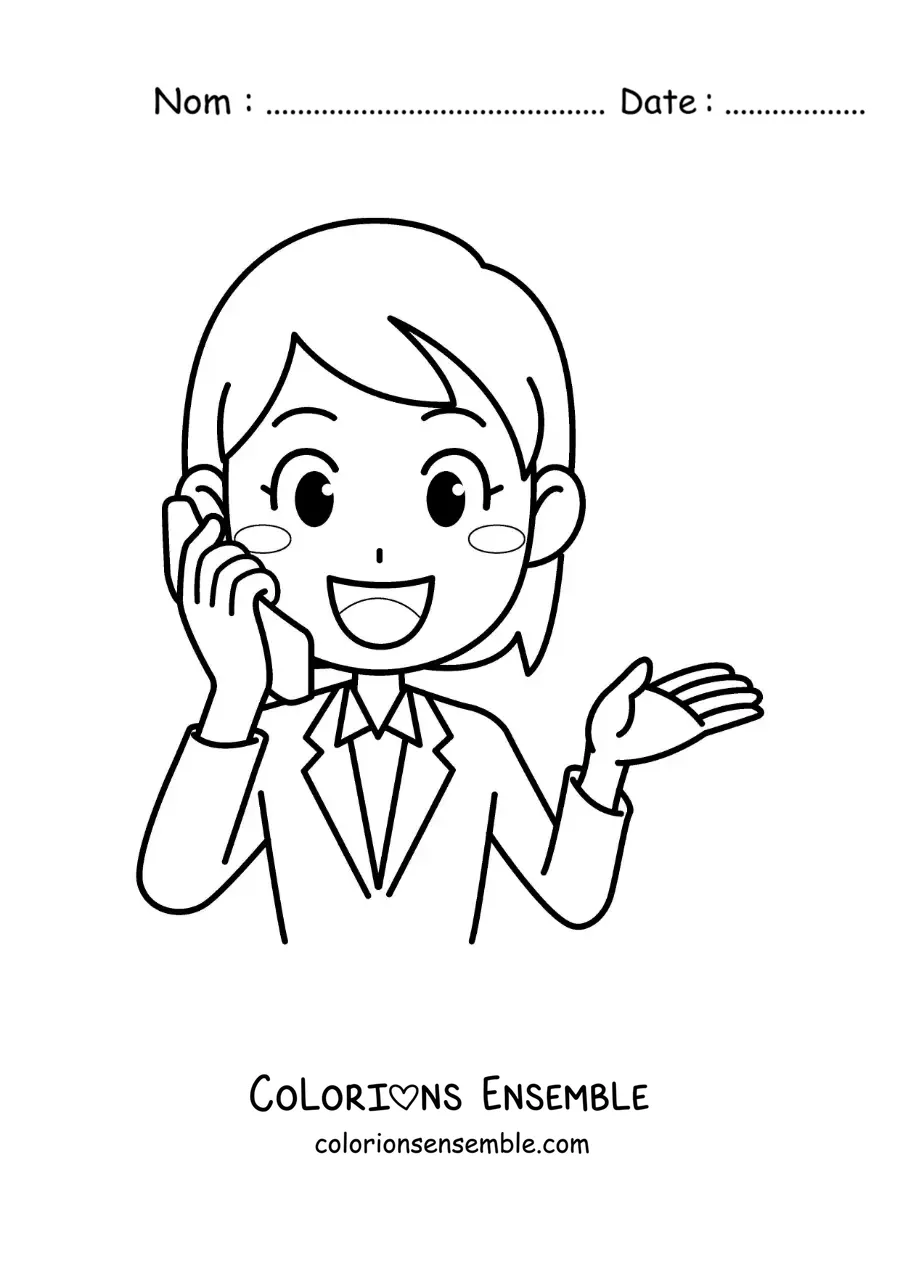 Coloriage d'une femme animée qui parle au téléphone