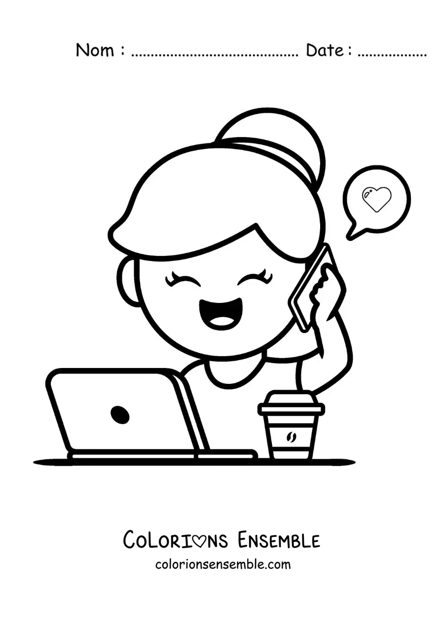Coloriage d'une fille qui parle au téléphone tout en télétravaillant