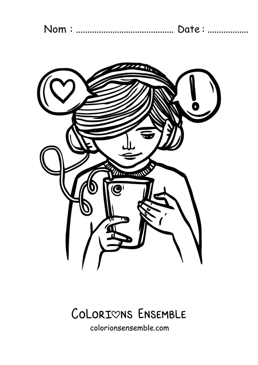Coloriage d'une fille qui envoie des messages depuis son téléphone
