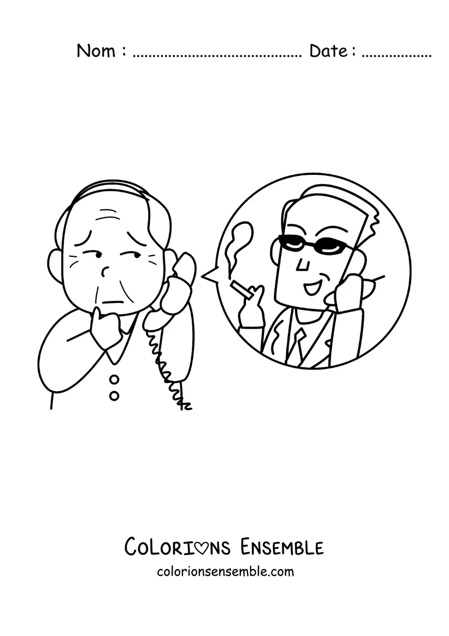 Coloriage d'un grand-père inquiet pendant un appel téléphonique