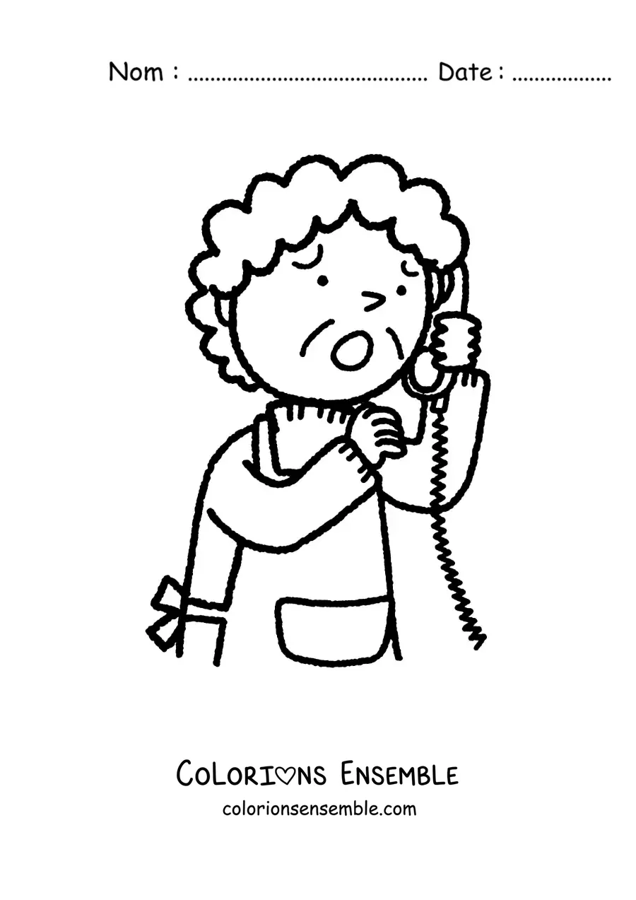 Coloriage d'une grand-mère inquiète qui parle au téléphone fixe