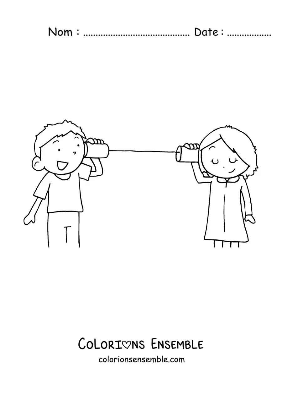 Coloriage de deux enfants qui parlent avec un téléphone à gobelets