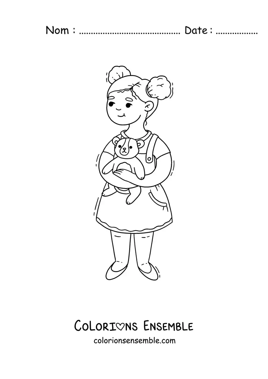 Image à colorier d'une petite fille tenant un ours en peluche