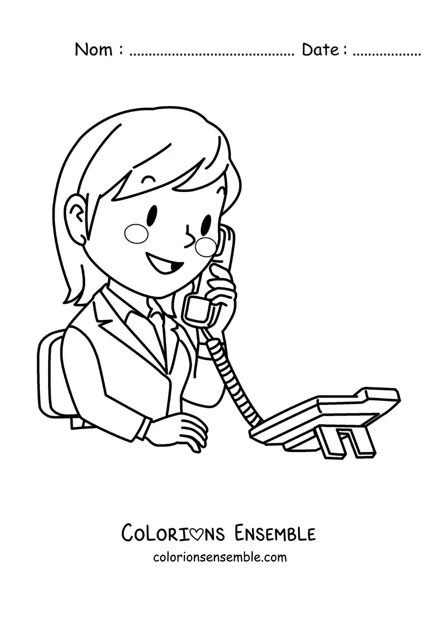 Coloriage d'une femme qui parle au téléphone fixe à son travail