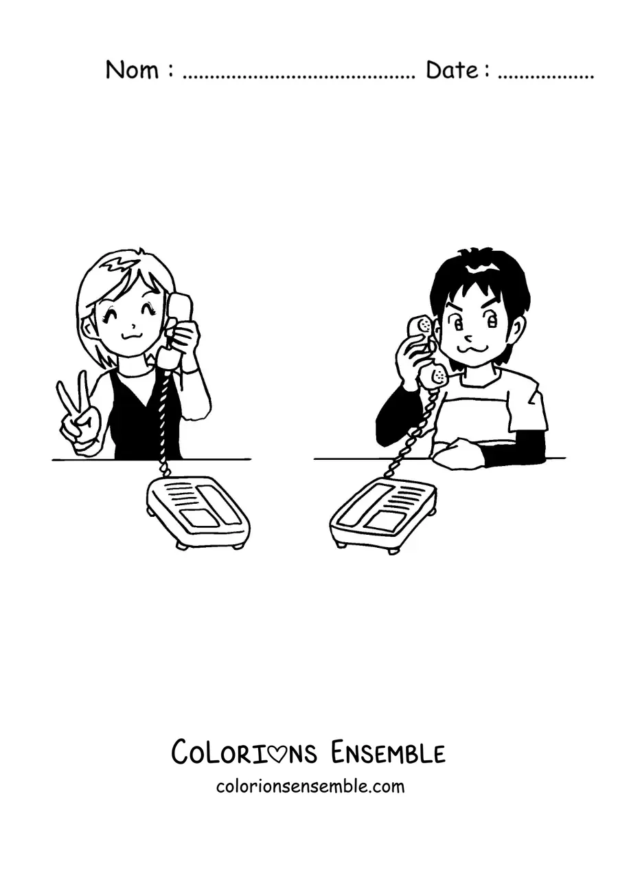 Coloriage d'une fille et d'un garçon qui se parlent pendant un appel téléphonique