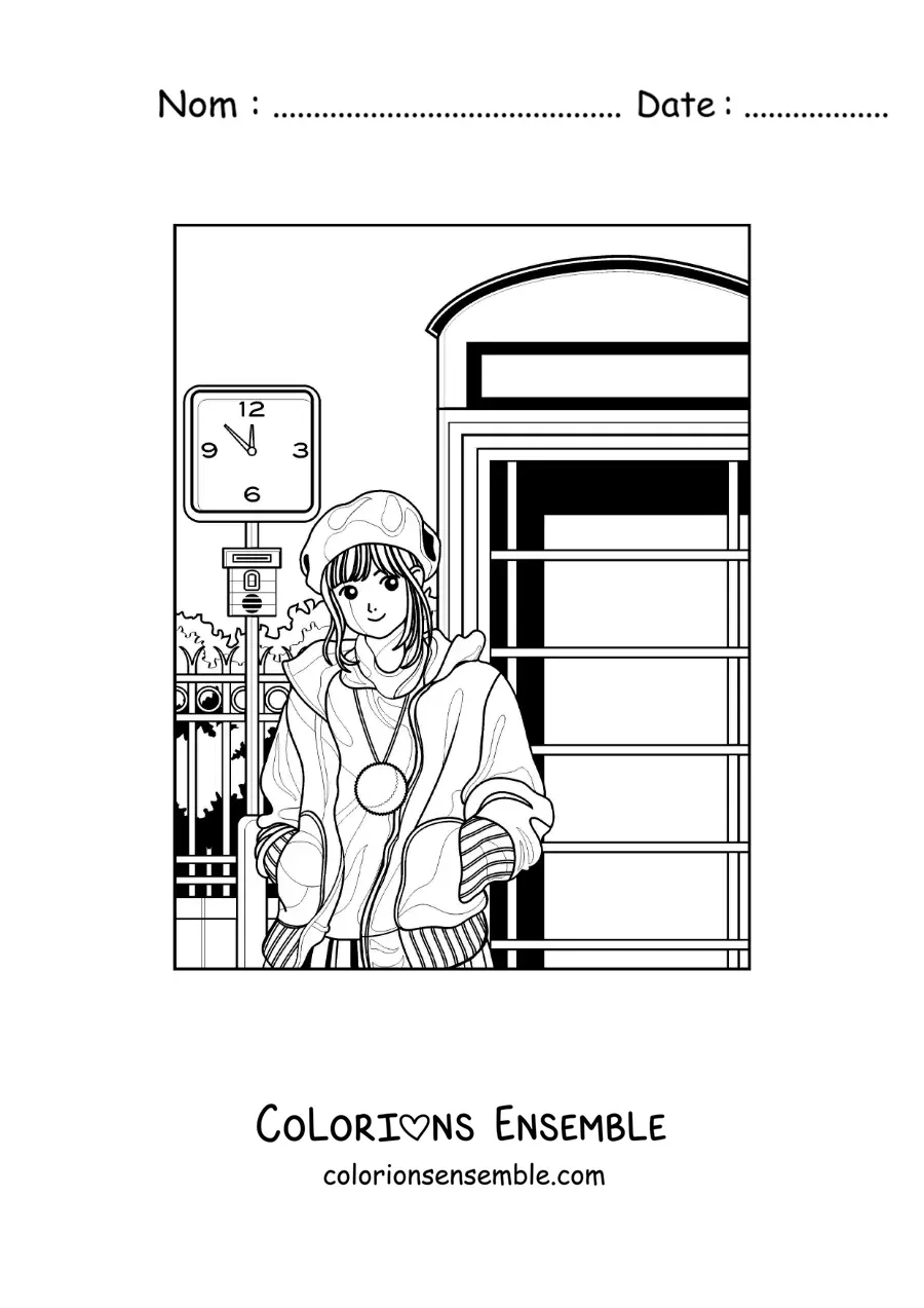 Coloriage d'une fille de style anime aesthetic à côté d'une cabine téléphonique
