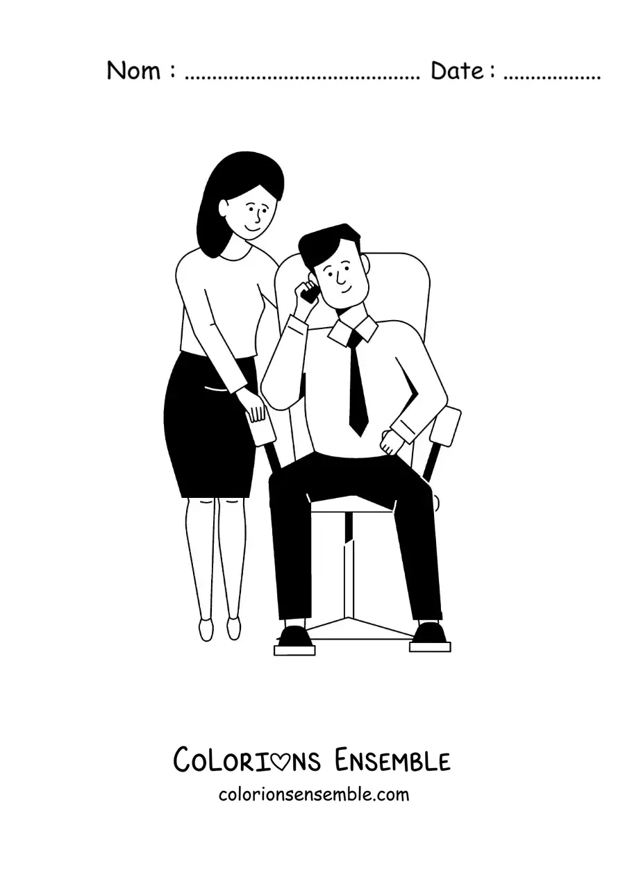 Coloriage d'un homme en costume qui parle au téléphone à côté de sa femme