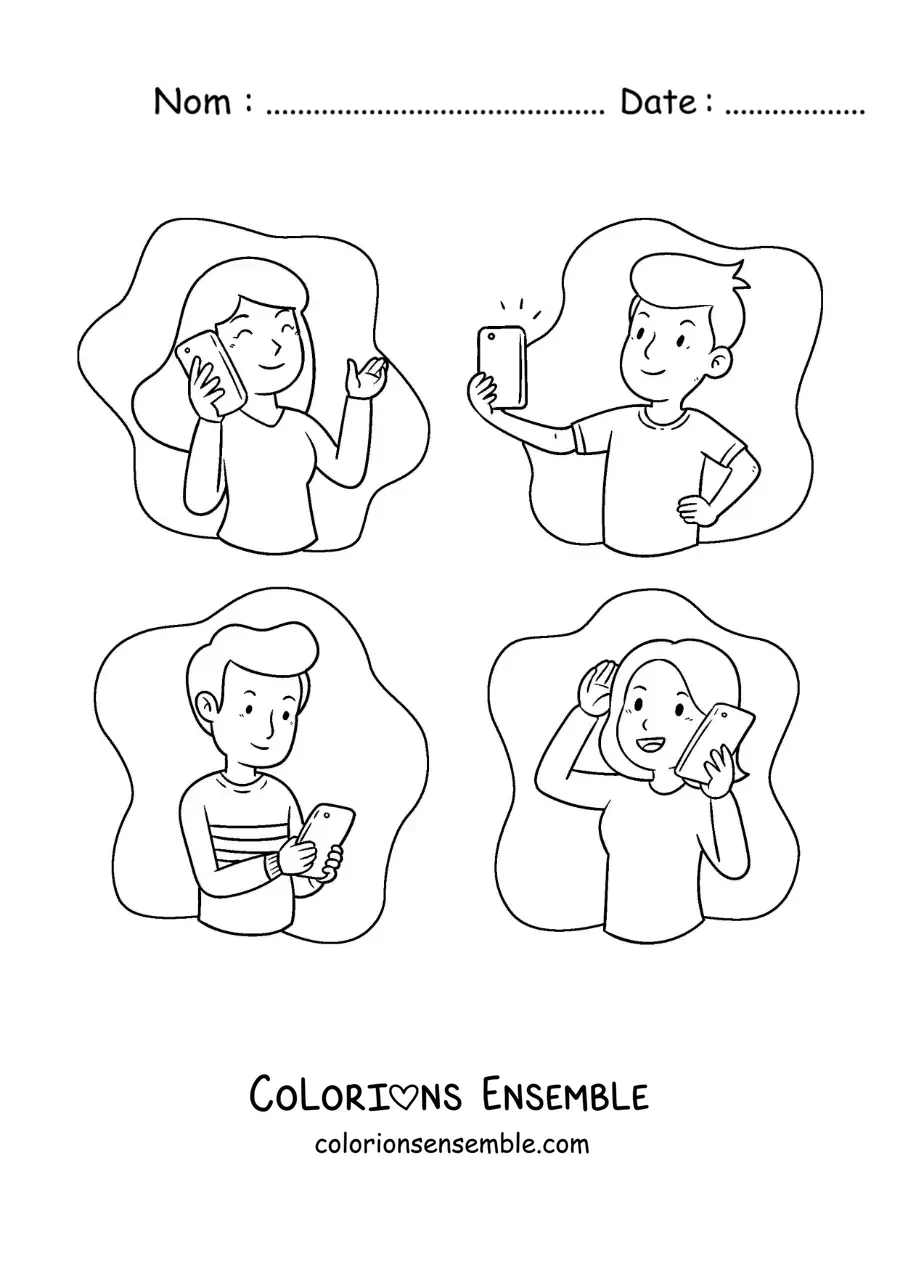 Image à colorier de jeunes qui communiquent par téléphone