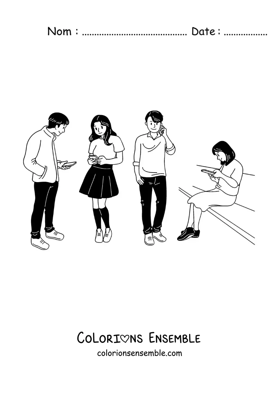 Image à colorier d'un groupe d'adolescents qui parlent et envoient des messages au téléphone