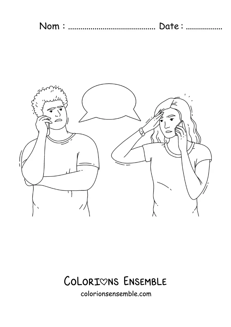 Image à colorier d'un couple qui se dispute au téléphone