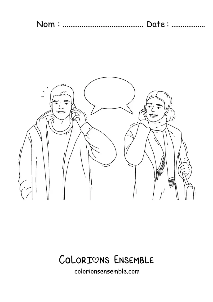 Image à colorier d'un couple qui parle au téléphone
