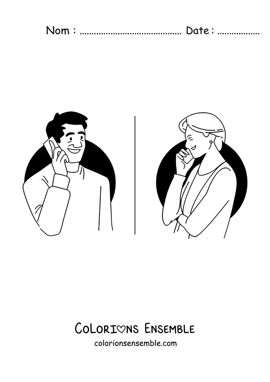 Image à colorier d'un homme et de sa mère qui parlent au téléphone