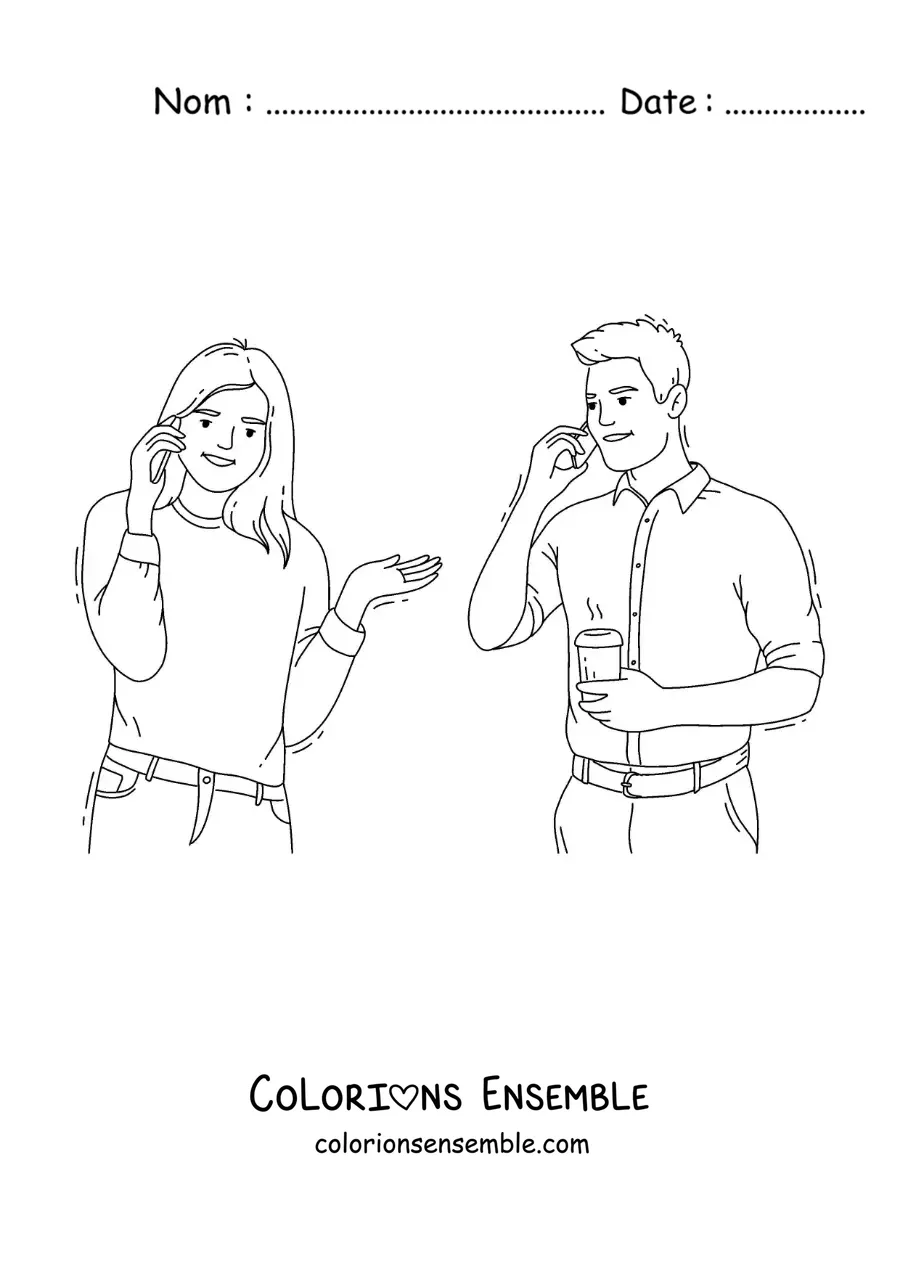 Image à colorier d'un homme et d'une femme qui parlent au téléphone