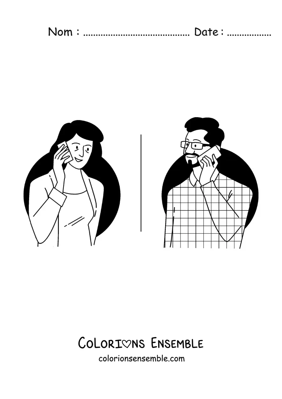Image à colorier d'un homme et de sa femme qui parlent au téléphone