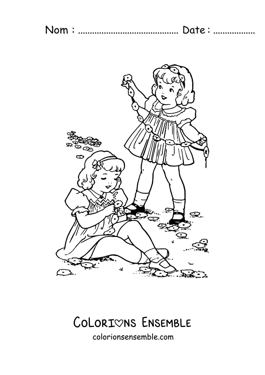 Image à colorier de deux petites filles cueillant des fleurs