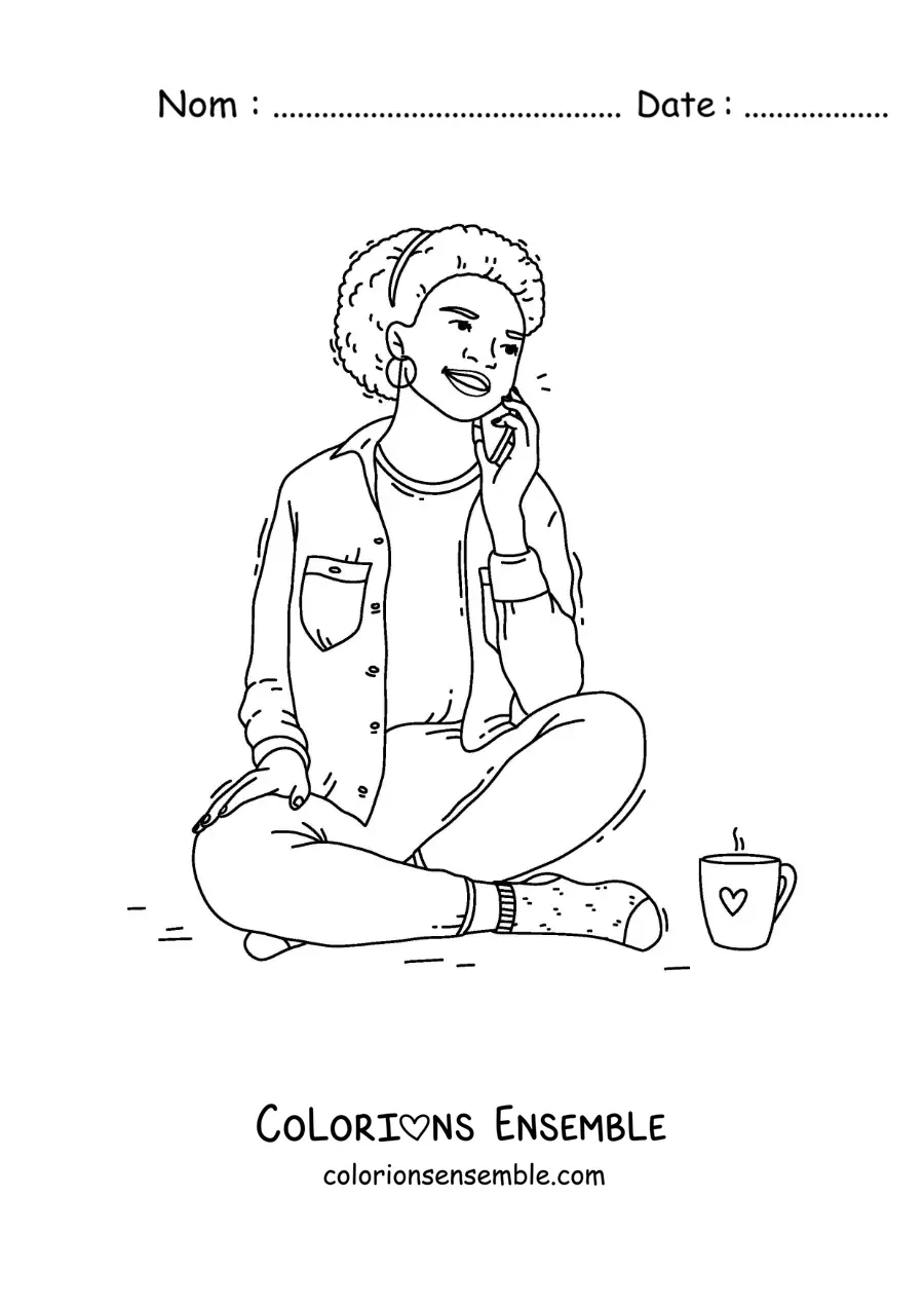 Image à colorier d'une fille assise qui parle au cours d'un appel téléphonique