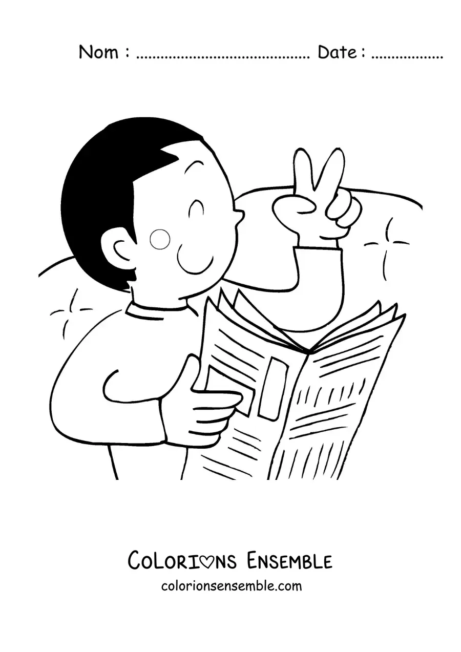 Image à colorier d'un petit garçon animé qui lit le journal
