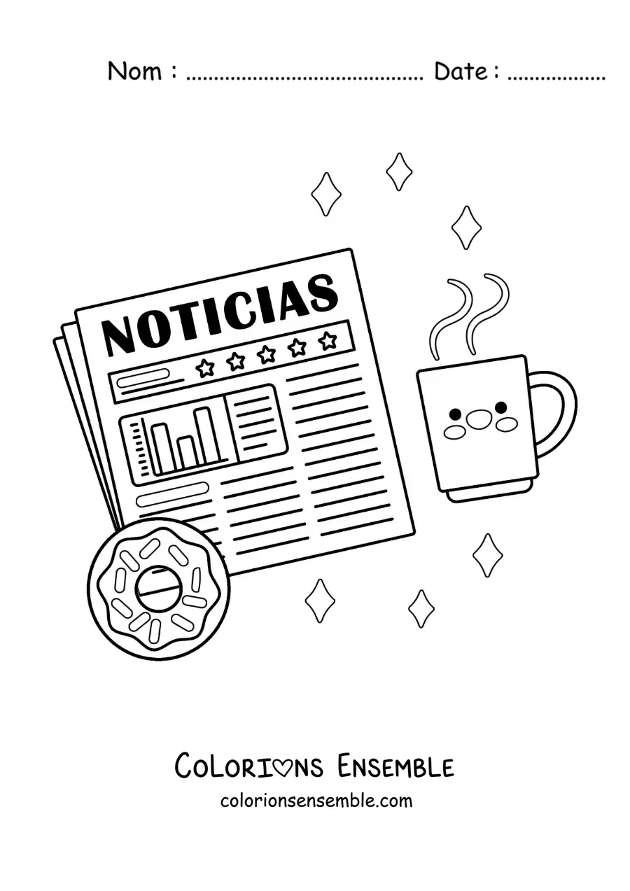 Image à colorier d'un journal avec un donut et un café animés façon kawaii