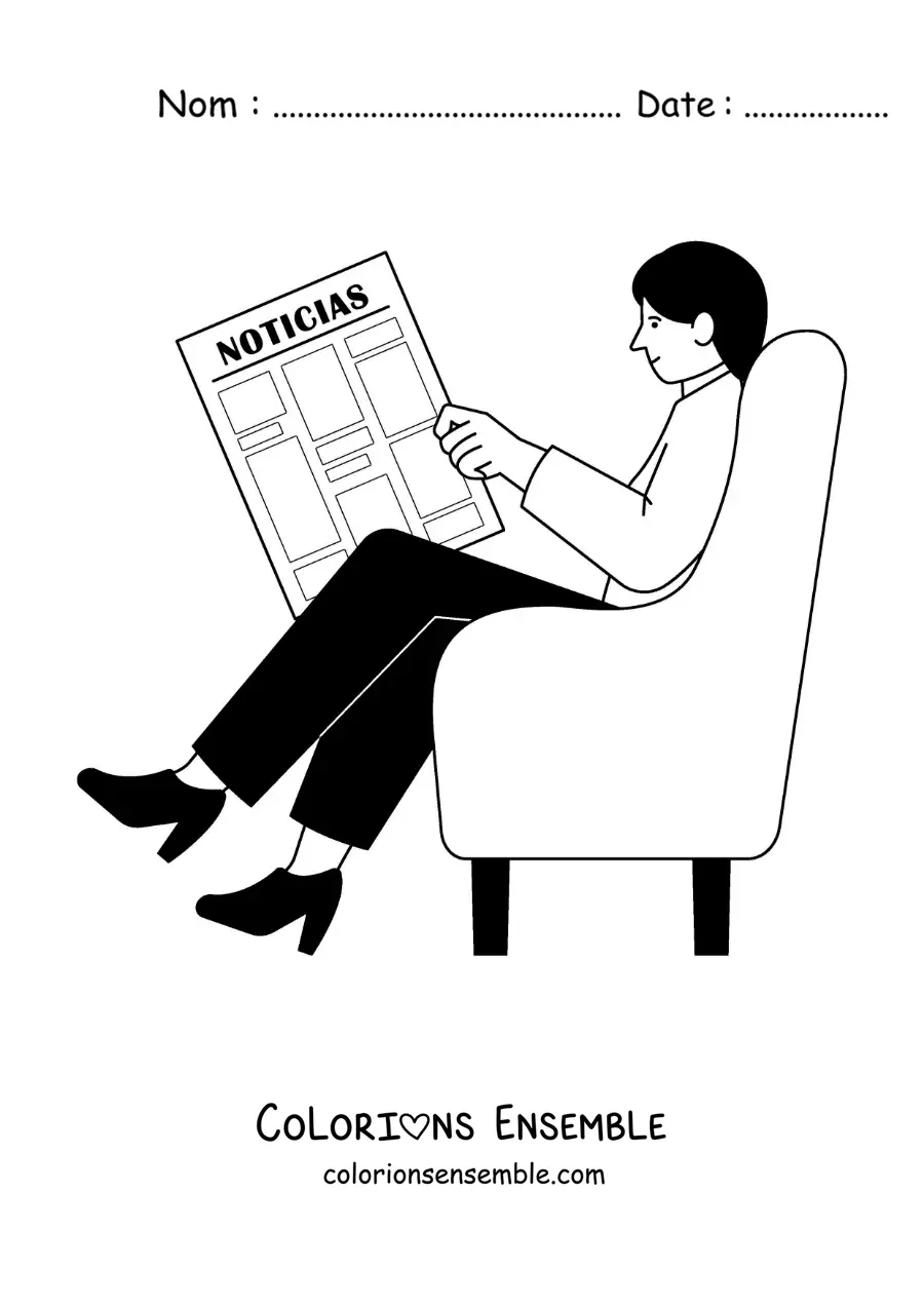 Image à colorier d'une fille assise sur le canapé qui lit les nouvelles dans le journal