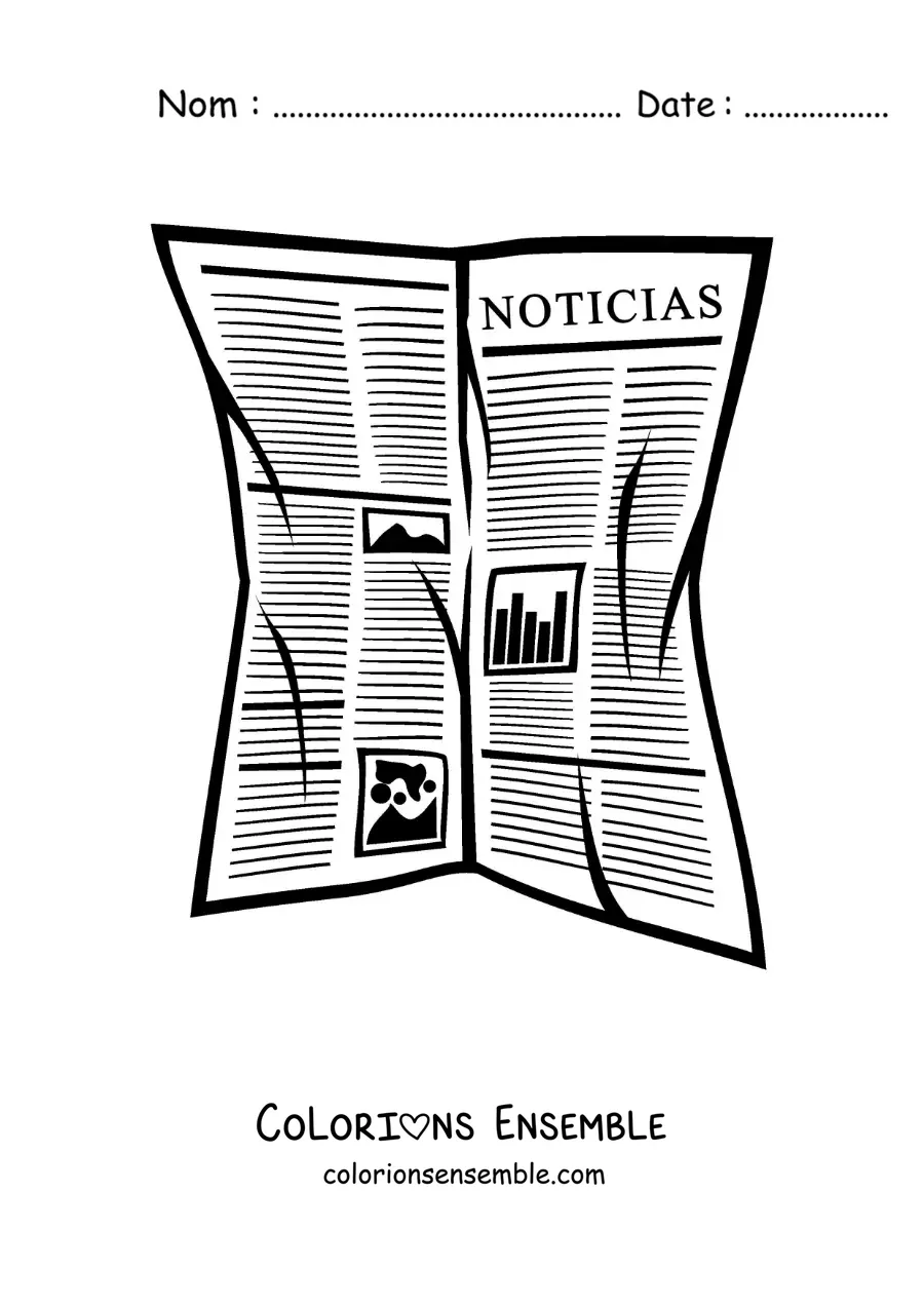 Image à colorier d'un journal ouvert dont la une présente des nouvelles