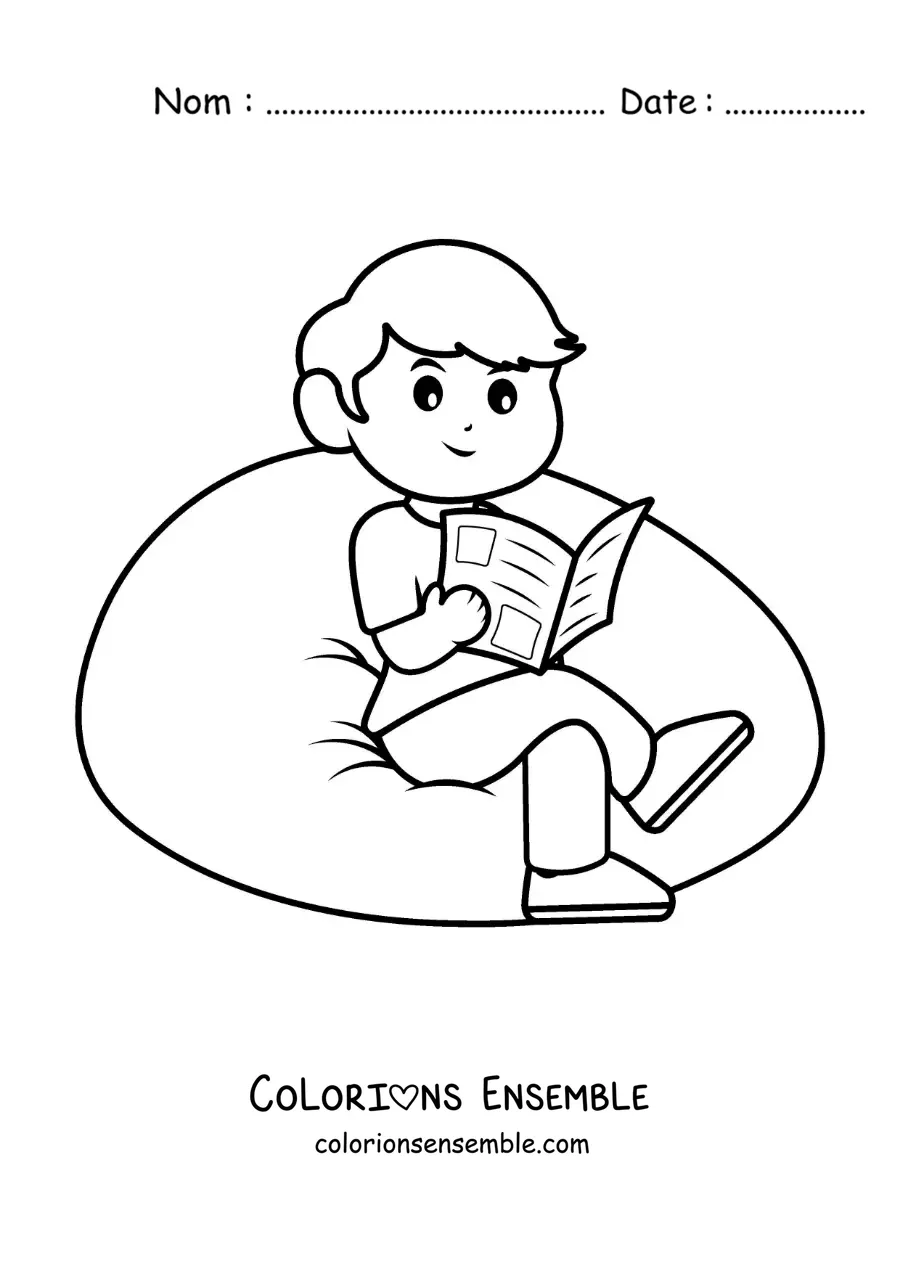 Image à colorier d'un petit garçon animé assis qui lit le journal