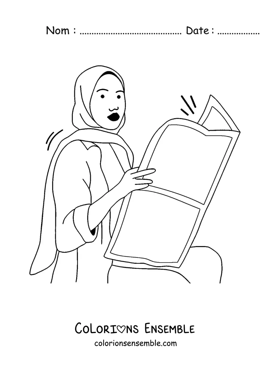 Image à colorier d'une femme portant un hijab, assise, qui lit le journal