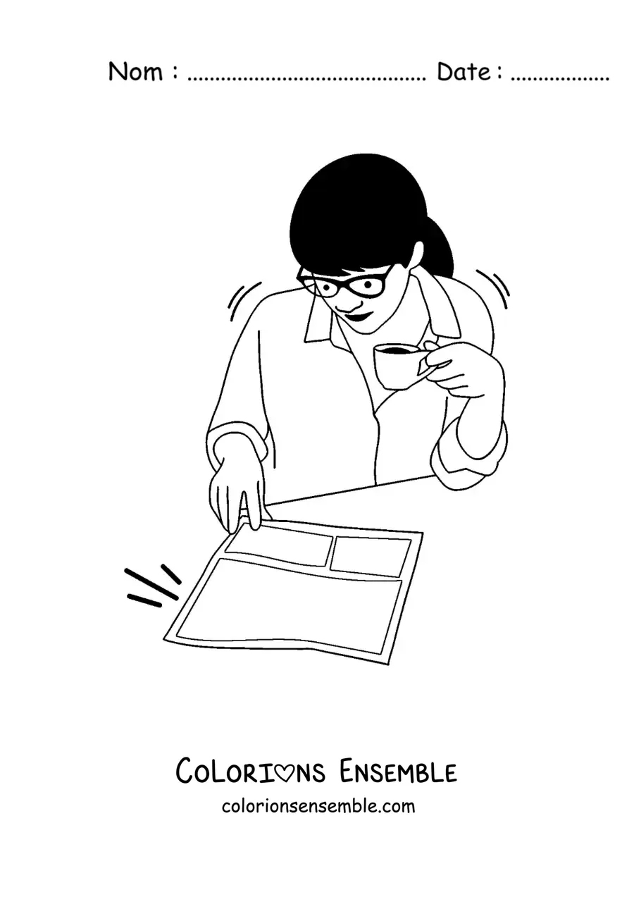 Image à colorier d'une femme assise qui lit le journal en buvant un café