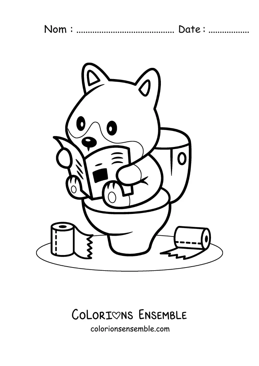 Image à colorier d'un chien animé assis sur les toilettes qui lit le journal