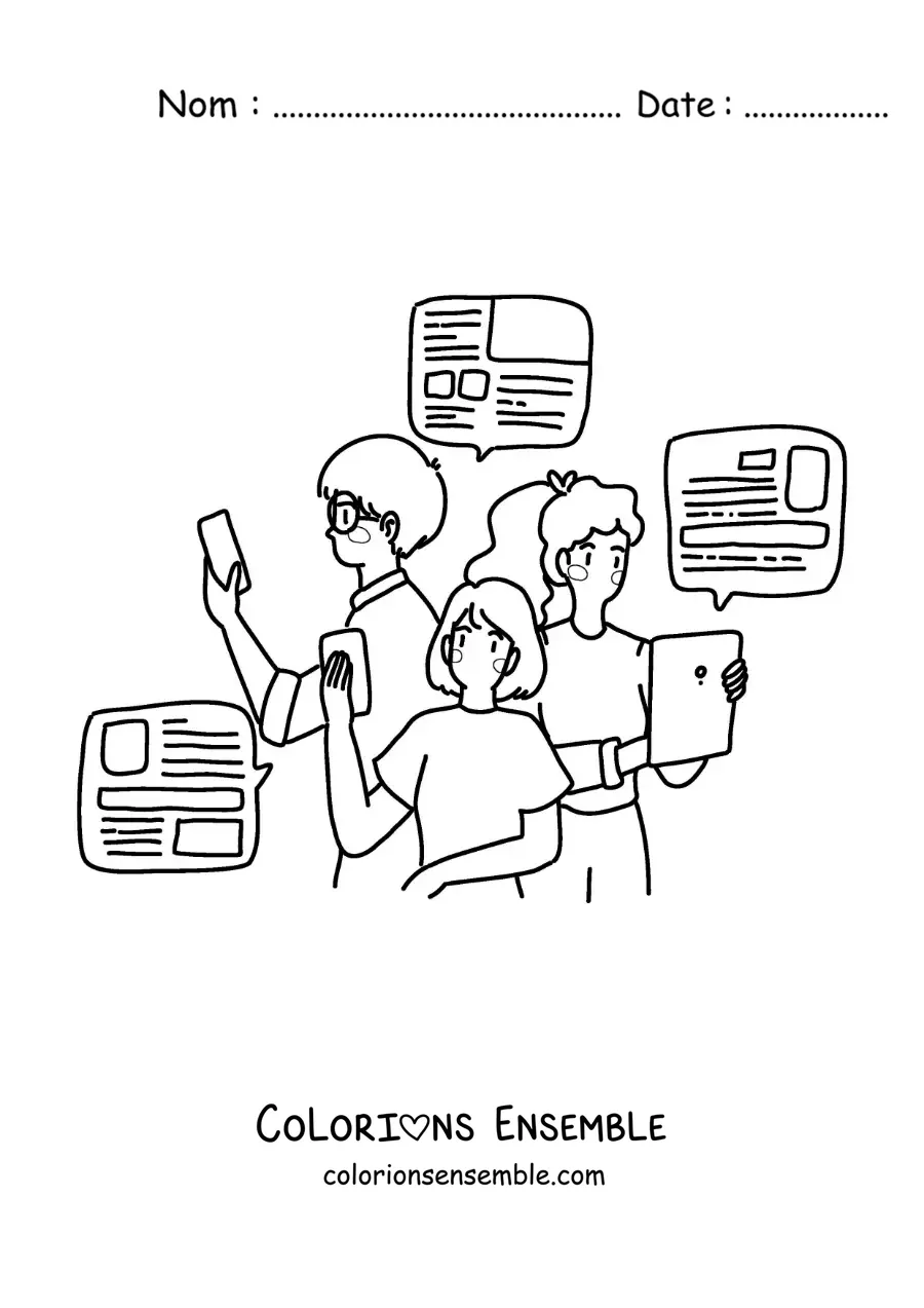 Image à colorier d'un groupe de jeunes qui lisent les nouvelles sur internet
