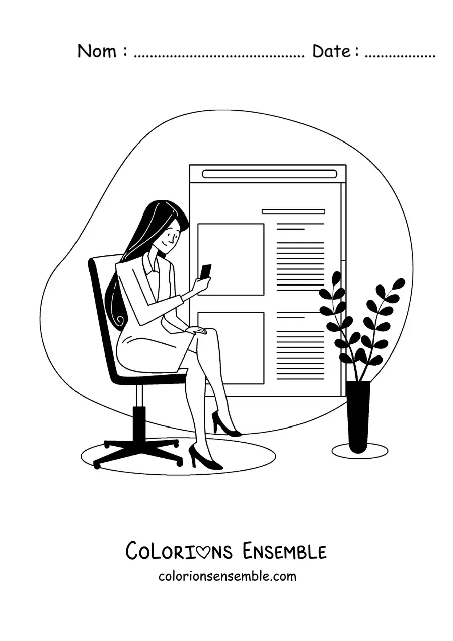 Image à colorier d'une femme assise qui lit les nouvelles sur son téléphone