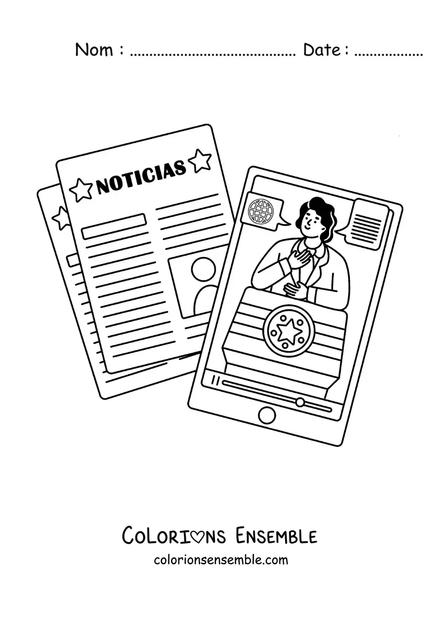 Image à colorier d'un journal posé à côté d'un téléphone qui affiche les nouvelles