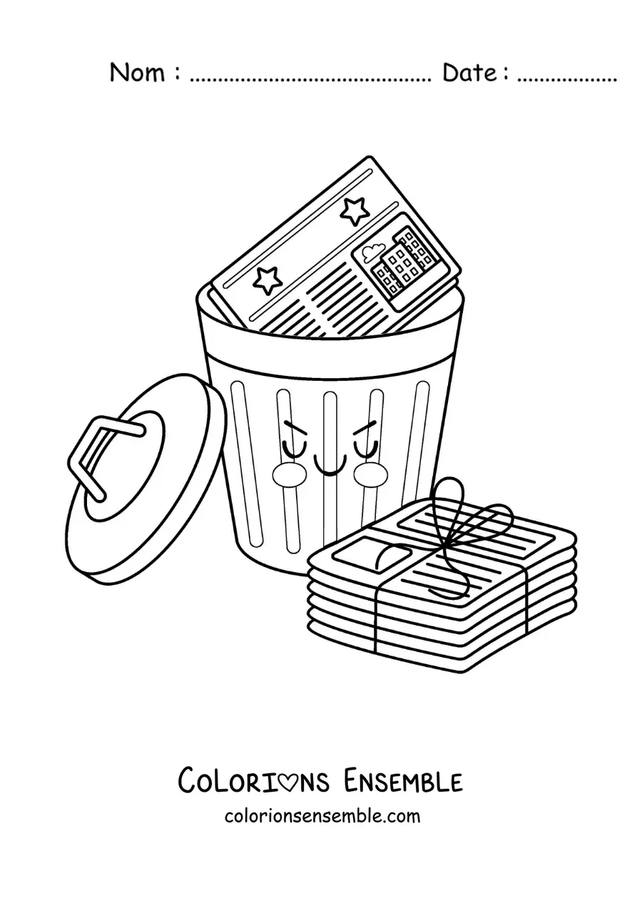 Image à colorier de plusieurs journaux dans une poubelle animée