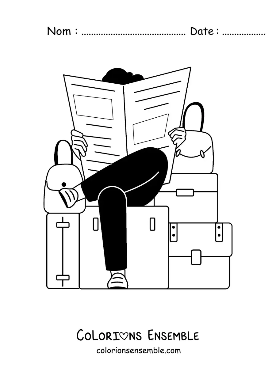 Image à colorier d'un voyageur assis sur ses valises qui lit le journal