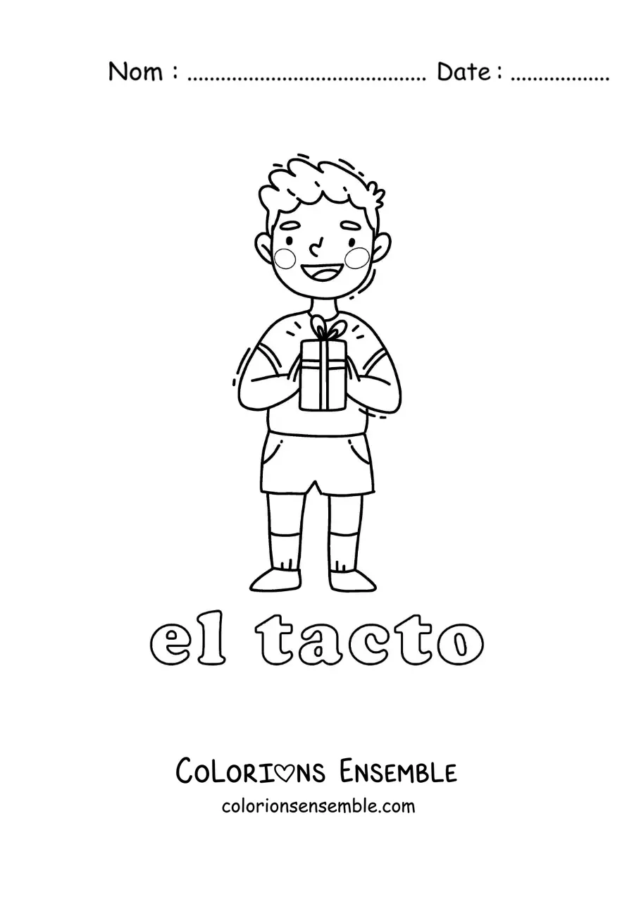 Image à colorier d'un petit garçon qui touche un cadeau avec ses mains