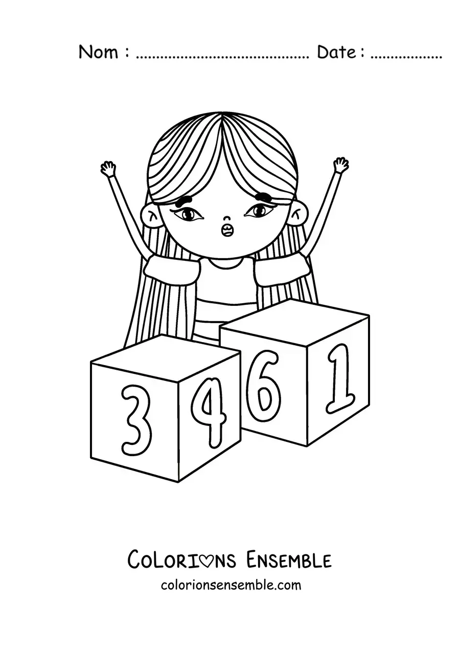 Image à colorier d'une petite fille jouant avec d'énormes blocs