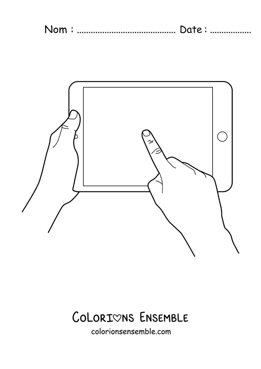Image à colorier d'une paire de mains qui utilisent une tablette tactile