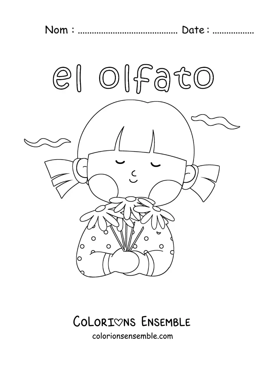 Image à colorier d'une fille animée qui sent une fleur