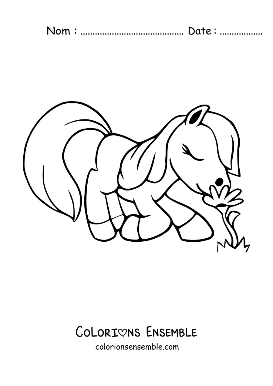 Image à colorier d'un poney animé qui sent des fleurs