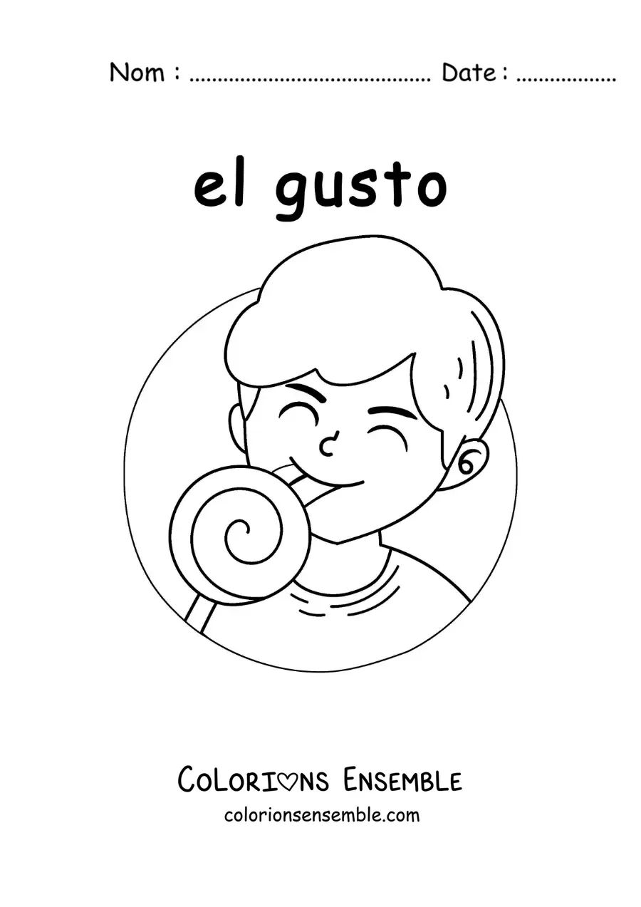 Image à colorier d'un petit garçon qui savoure un bonbon grâce au sens du goût