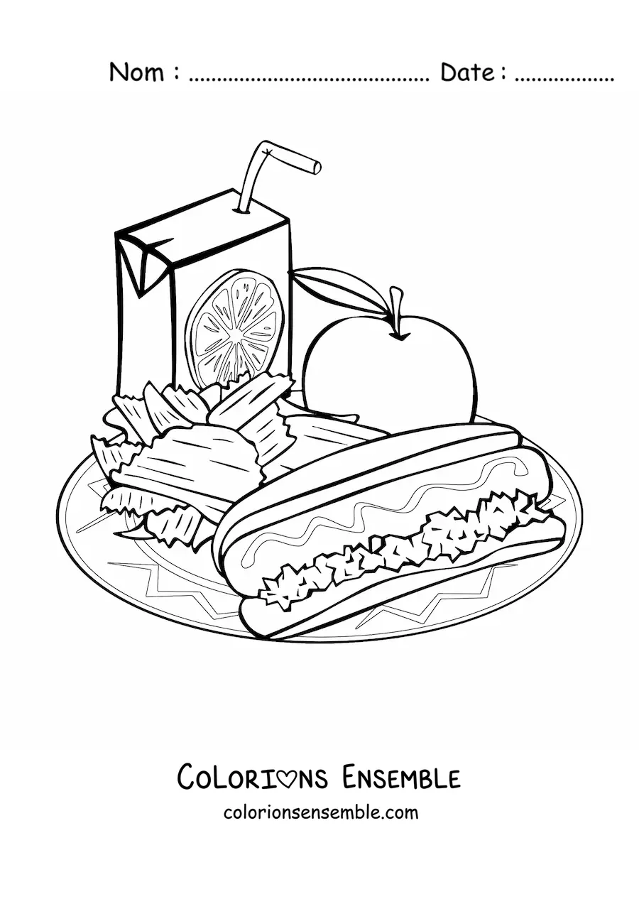 Image à colorier d’une assiette de déjeuner avec une pomme, une saucisse, des pommes de terre et un jus d’orange