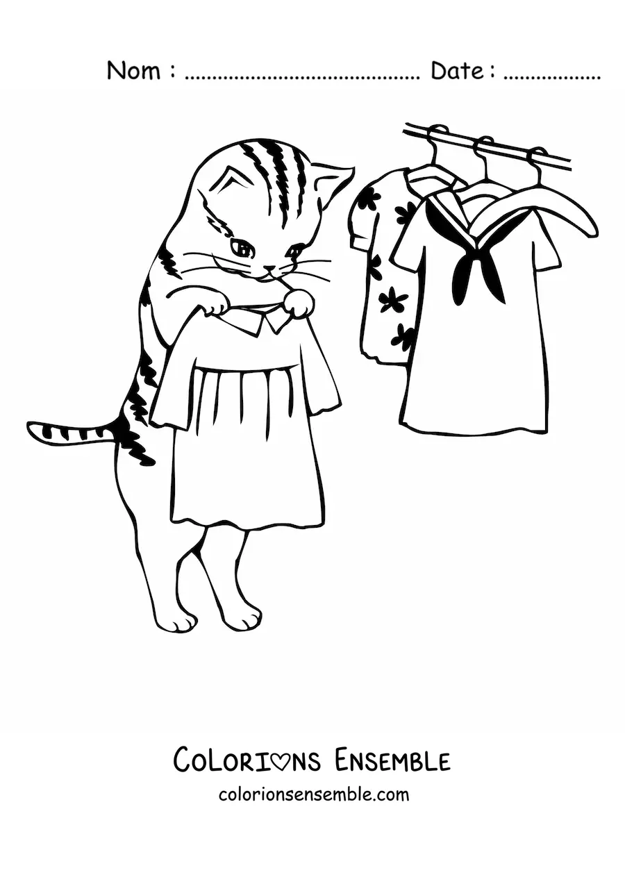 Image à colorier d’un chat tenant une robe près d’autres robes