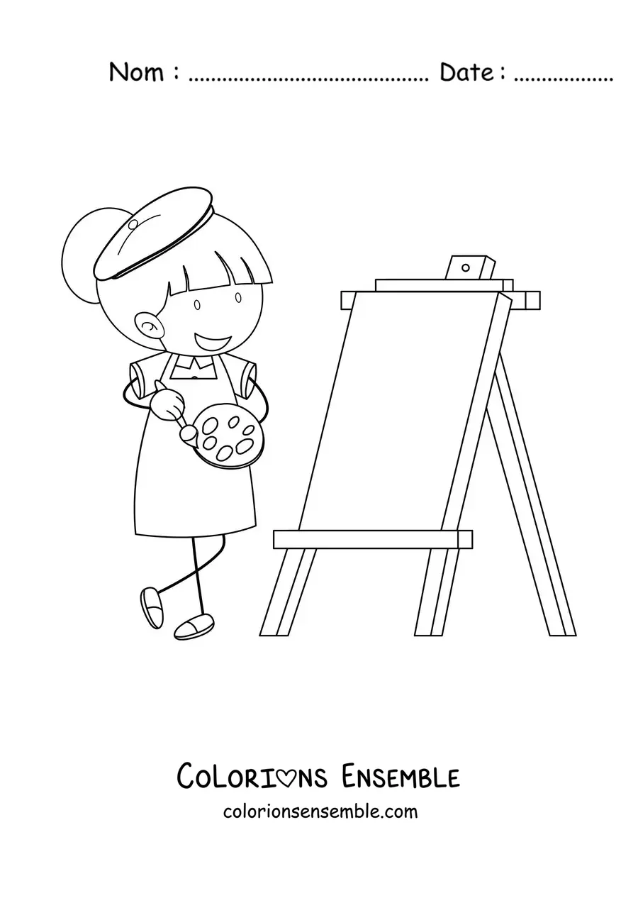 Image à colorier d'une petite fille peignant un tableau
